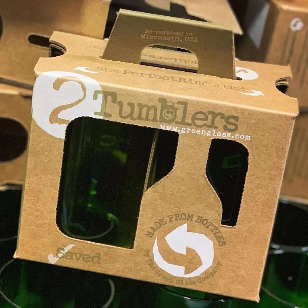 New in Box Set of 2 Green Glass Co Recycled Wine Bottle Tumblers in Olive Green